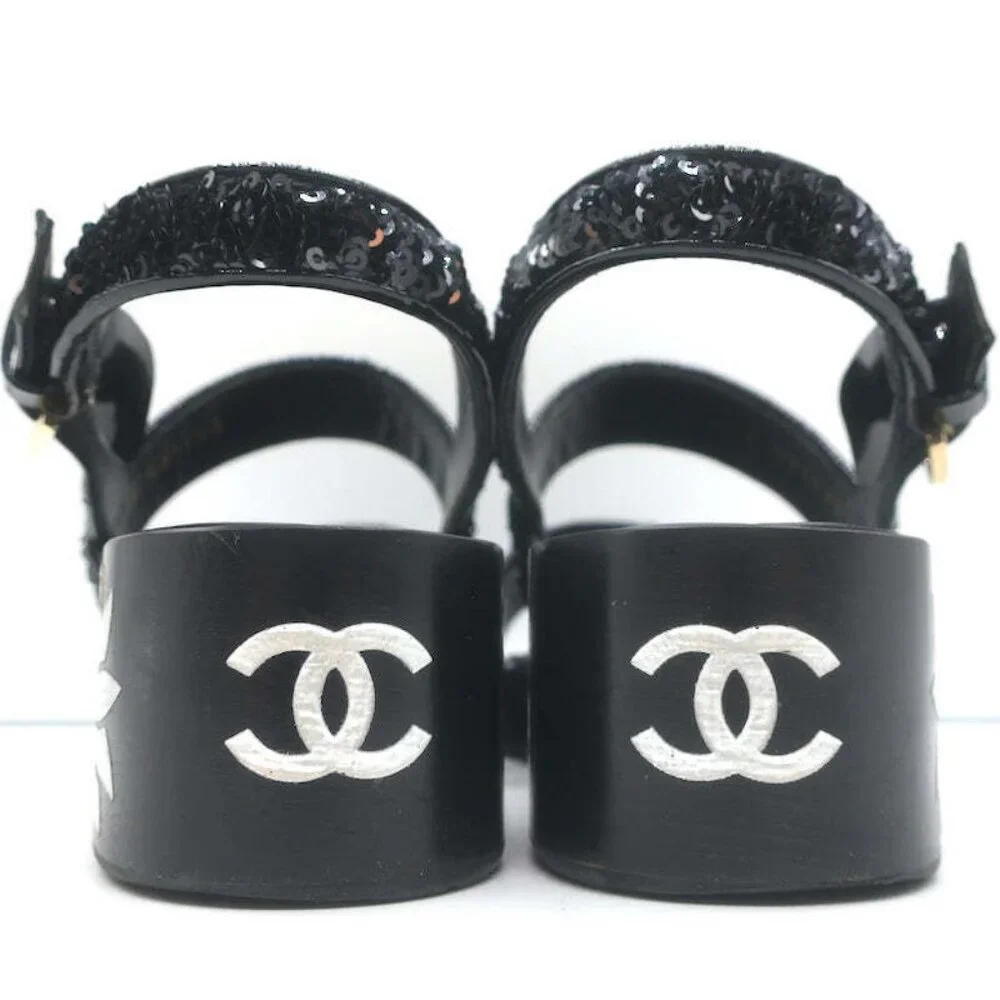 Chanel 16C Sequin Slingback Sandals Black Size 38.5